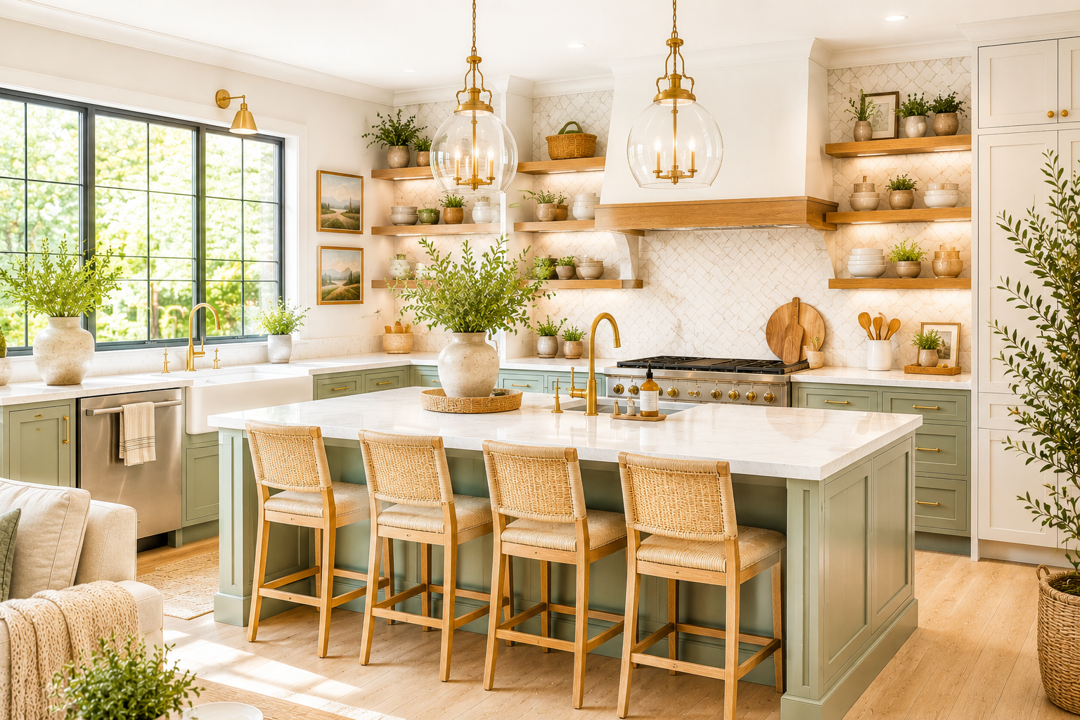 Bright cozy kitchen with sage green cabinets, warm lighting, marble island, and modern American farmhouse decor