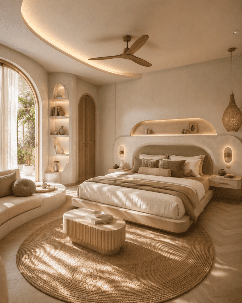 Soft organic luxury bedroom with warm lighting, curved furniture, earthy tones, and cozy natural textures in a modern American home