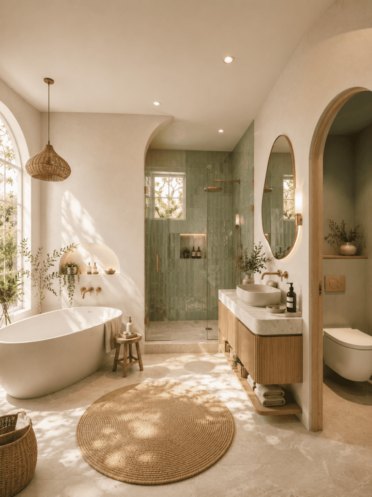 Cozy soft organic bathroom with green tiles, wooden vanity, warm lighting, and spa-like decor for small American homes
