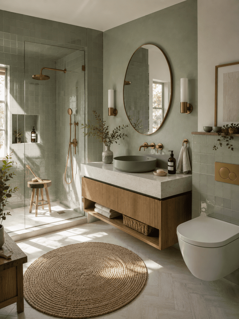 Modern sage green soft organic bathroom featuring brass fixtures, wooden vanity, woven rug, and calming spa-inspired decor
