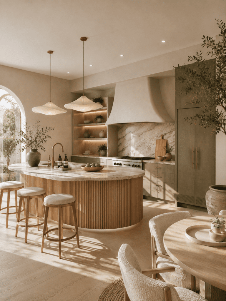 Warm soft organic kitchen with curved island, marble countertops, natural wood textures, and elegant modern American decor