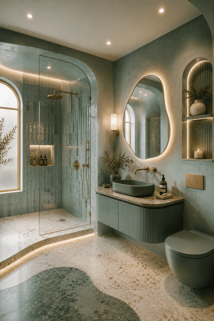 Elegant sage green soft organic bathroom with curved mirror, warm ambient lighting, textured tiles, floating vanity, and cozy spa-inspired decor for modern American homes