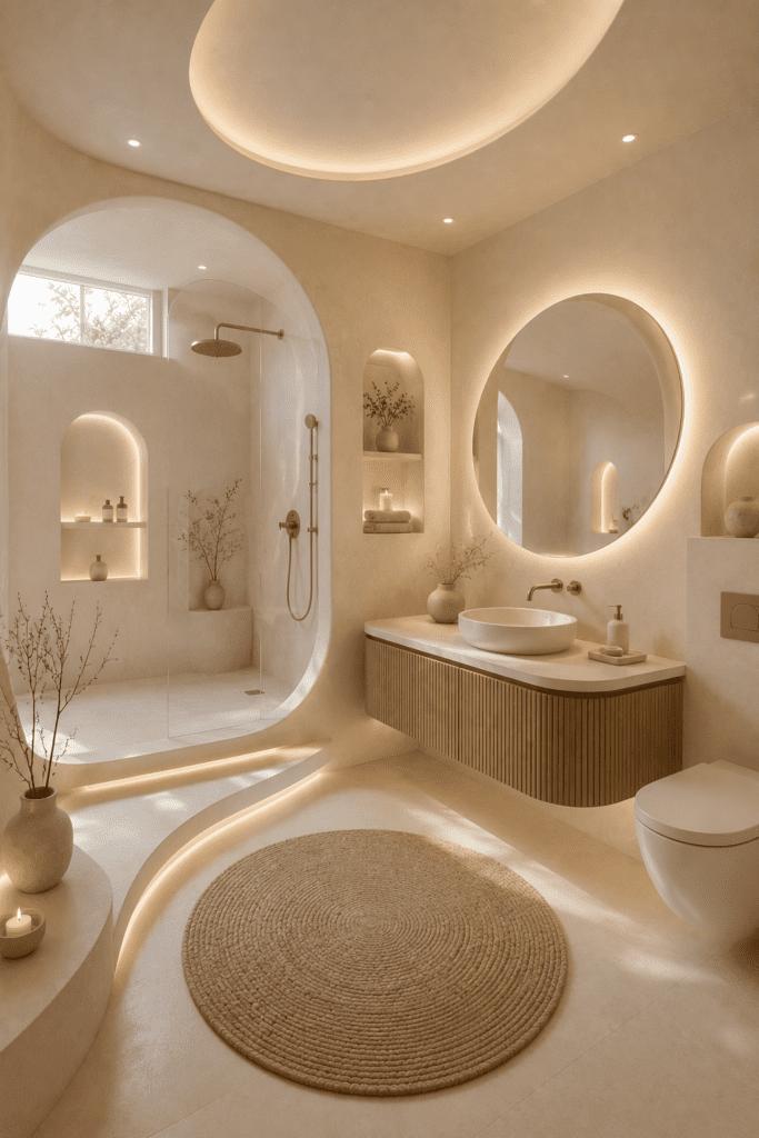 Neutral soft organic bathroom with ambient lighting, curved walls, floating vanity, and calming spa-inspired atmosphere