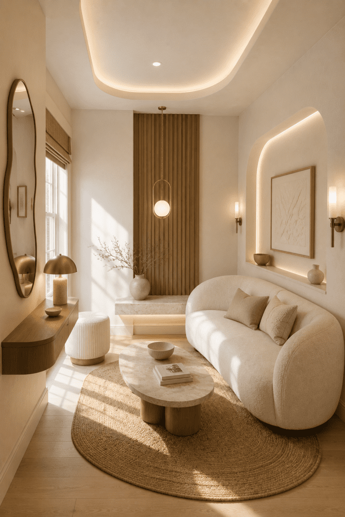 Cozy soft organic living room with curved sofa, warm beige palette, natural textures, and elegant calming decor
