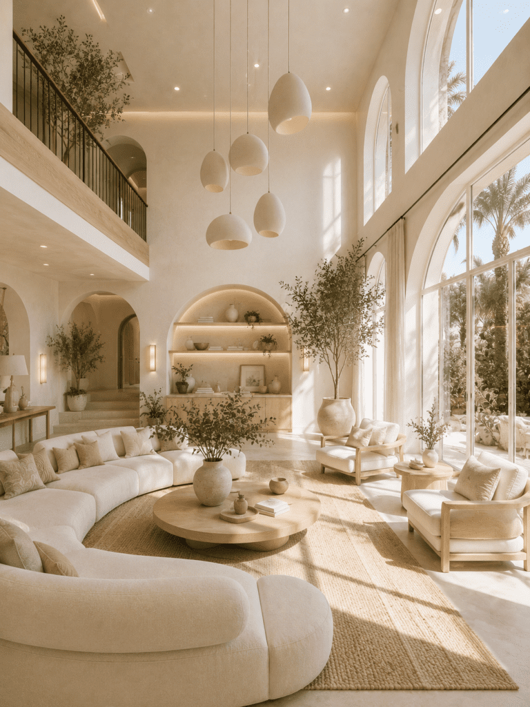 Bright soft organic living room with oversized windows, earthy decor, cozy seating, and warm modern American style