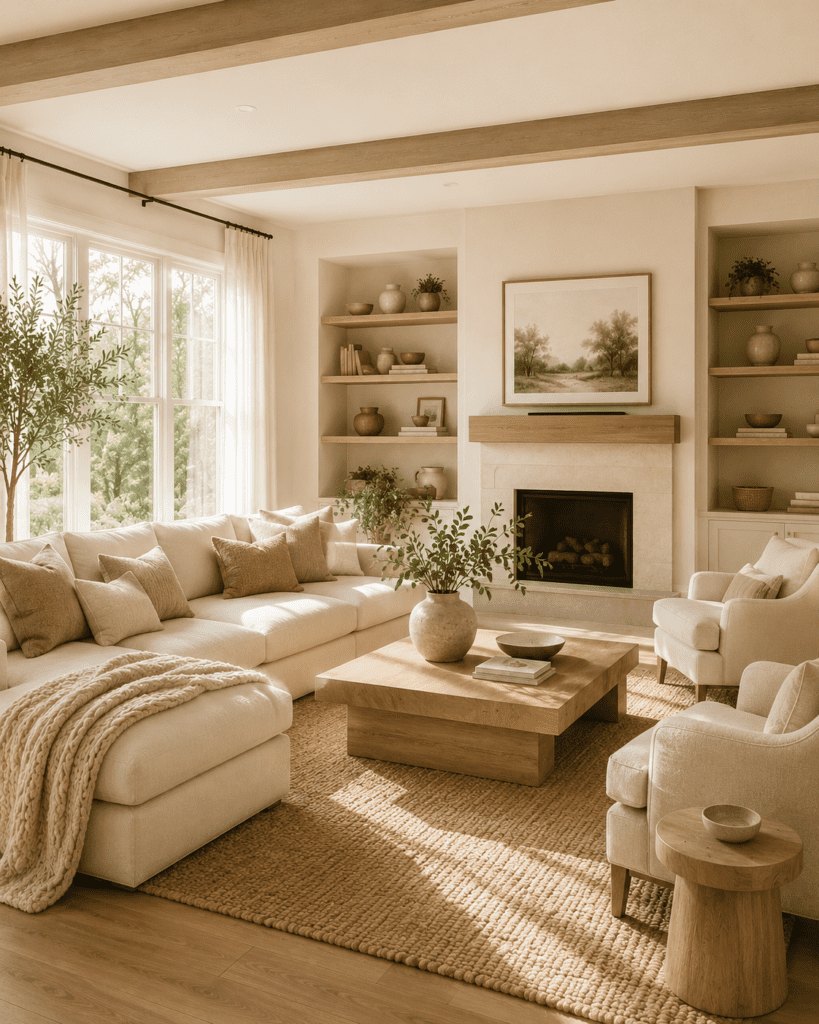 Neutral soft organic living room with fireplace, layered textures, warm lighting, and inviting cozy atmosphere