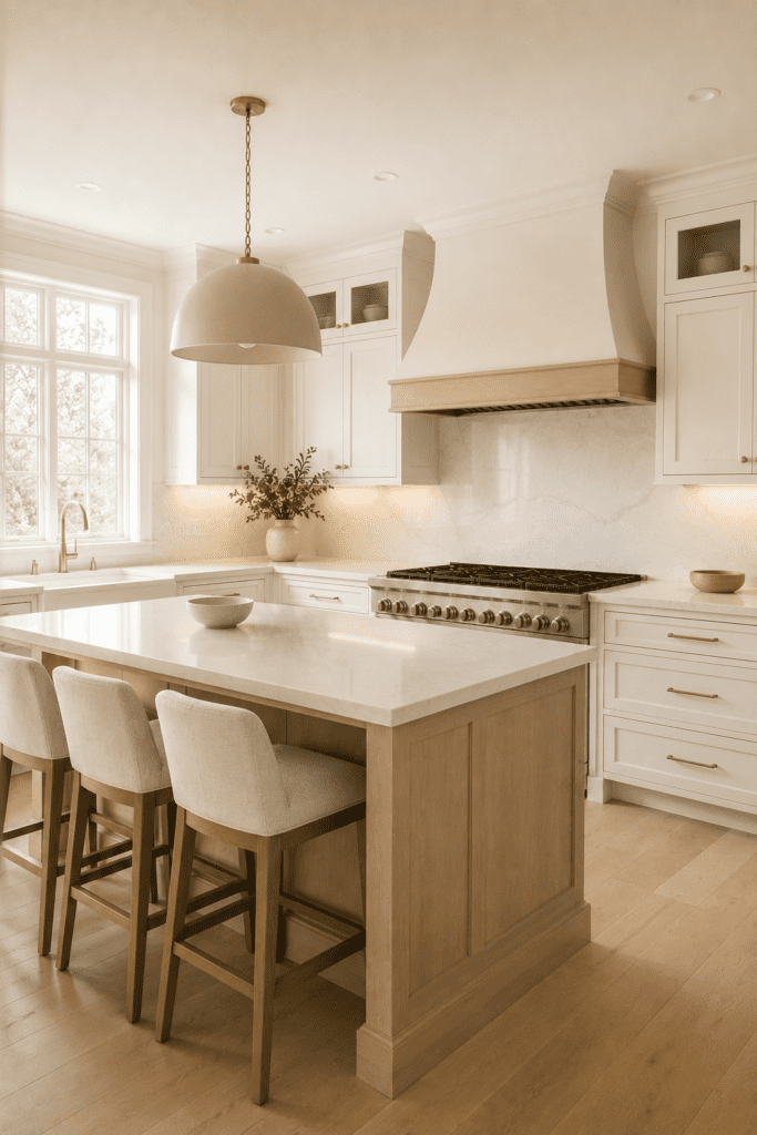 Bright soft organic kitchen with white cabinetry, wooden accents, marble island, and warm natural lighting