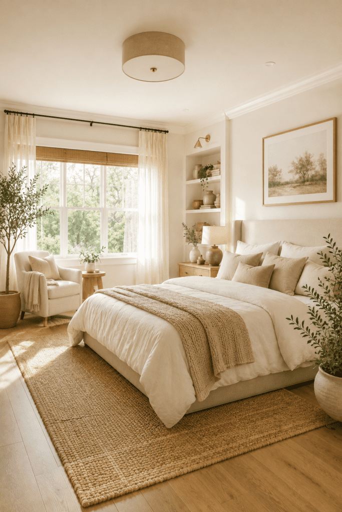 Soft organic bedroom featuring layered neutral bedding, warm sunlight, natural textures, and calming modern decor