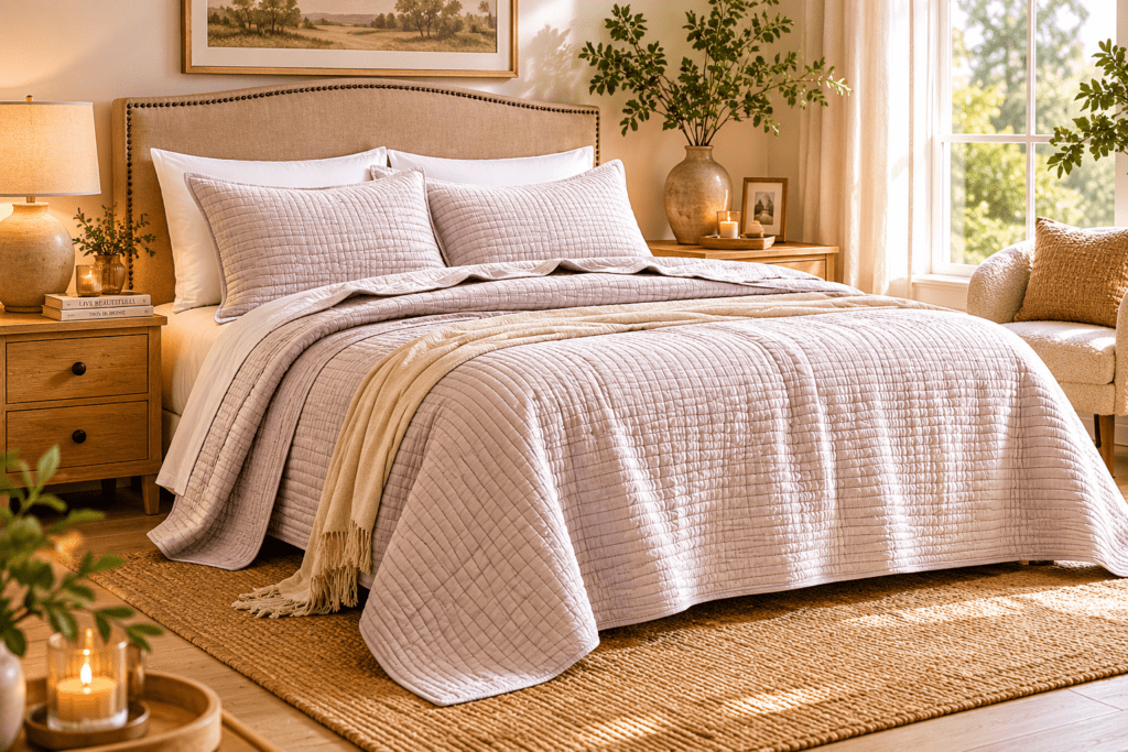 soft organic bedroom with quilted neutral bedding and warm natural lighting