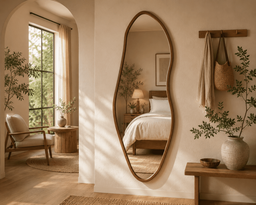 curved organic mirror in warm neutral bedroom with soft sunlight