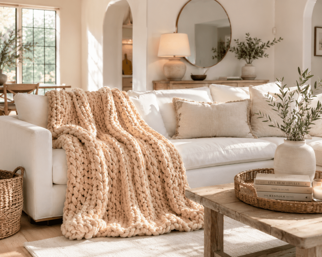 chunky knit throw blanket on cream sofa in cozy organic living room