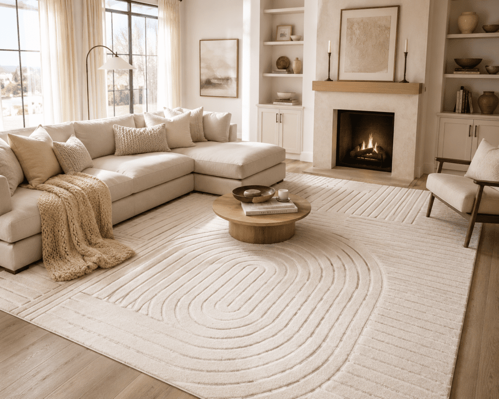 large cream organic rug in modern neutral living room with fireplace