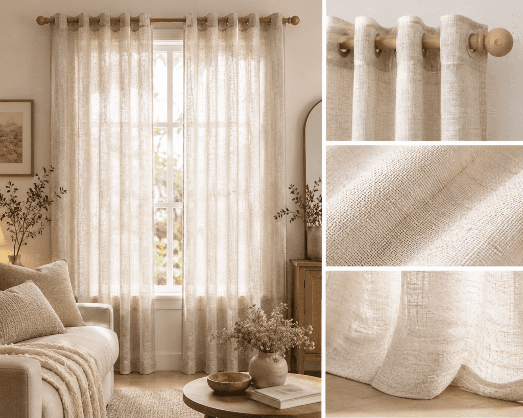 airy linen curtains with warm sunlight in neutral organic living room