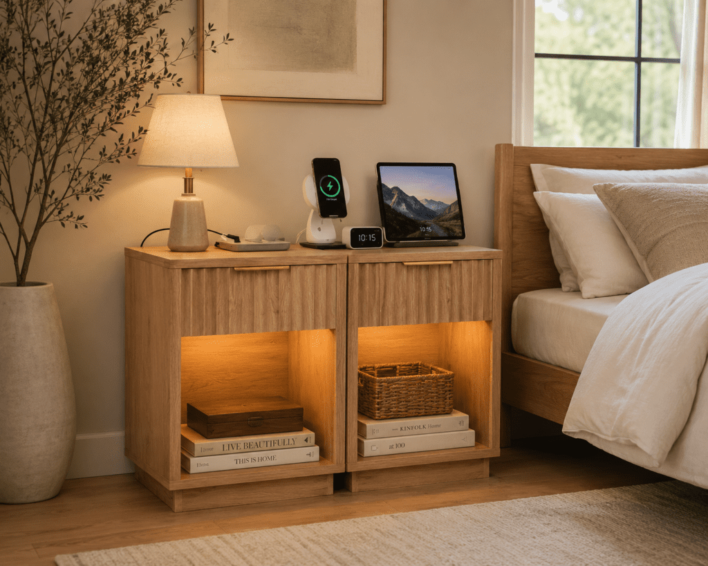 modern wood nightstands with warm lighting in cozy organic bedroom