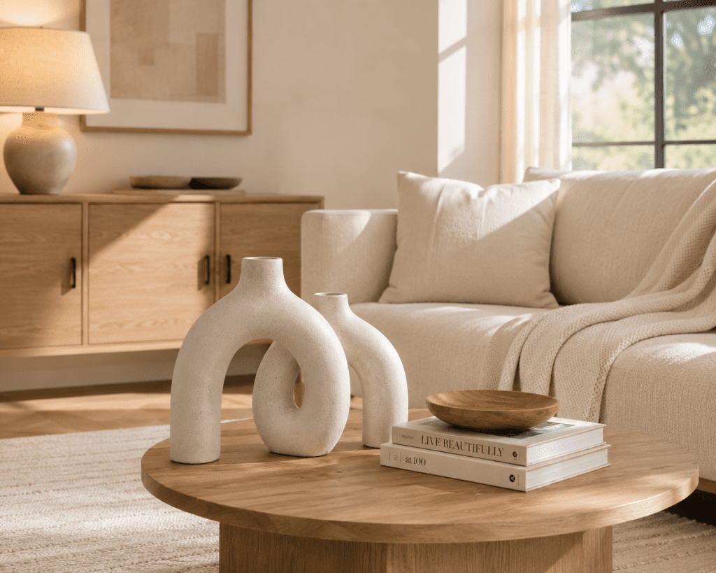 minimalist ceramic decor on wood coffee table in soft neutral living room