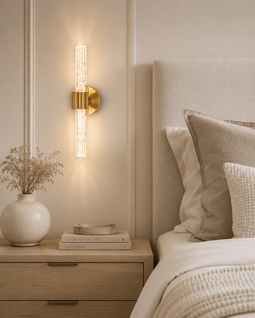 warm gold wall sconce lighting beside soft neutral organic bedroom bed