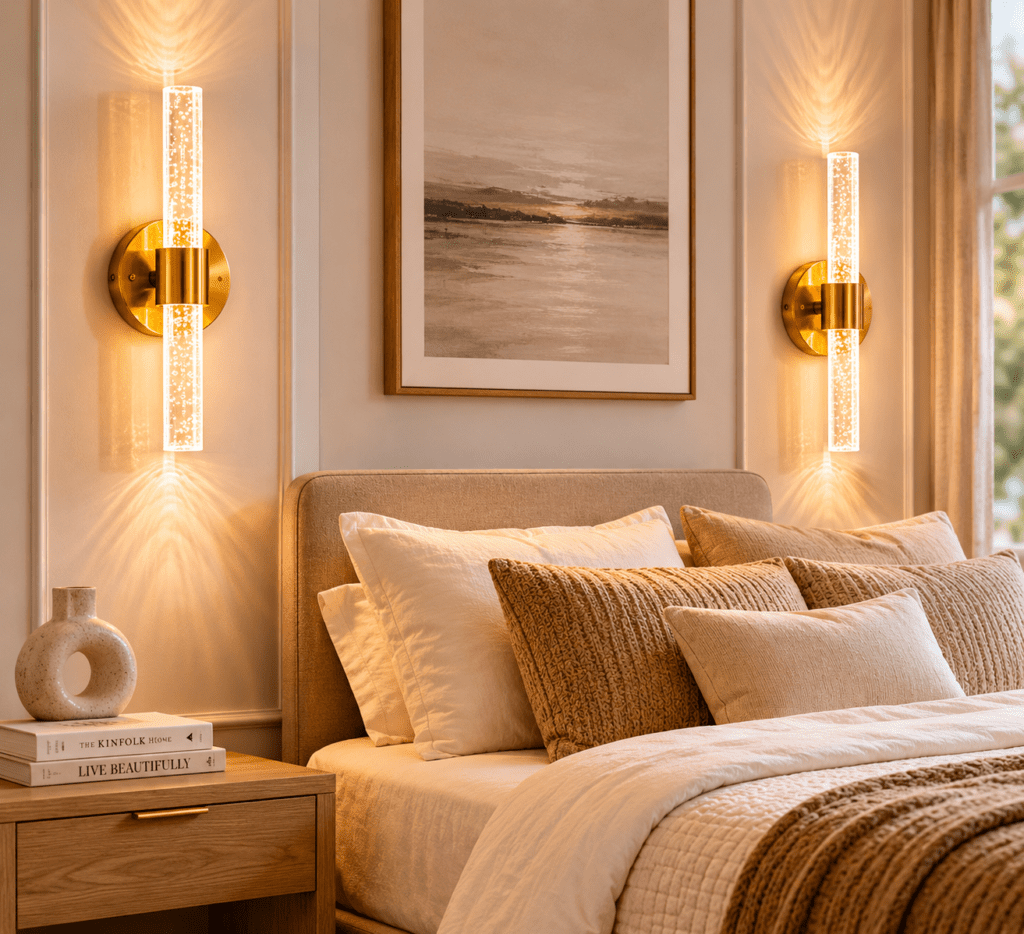 warm neutral bedroom with layered bedding and glowing wall sconces