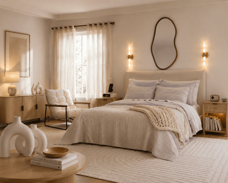 soft organic bedroom with neutral bedding warm lighting and cozy modern decor