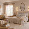 soft organic bedroom with neutral bedding warm lighting and cozy modern decor