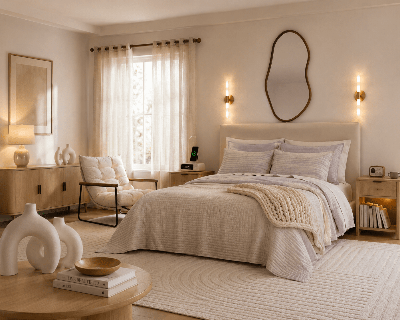 soft organic bedroom with neutral bedding warm lighting and cozy modern decor