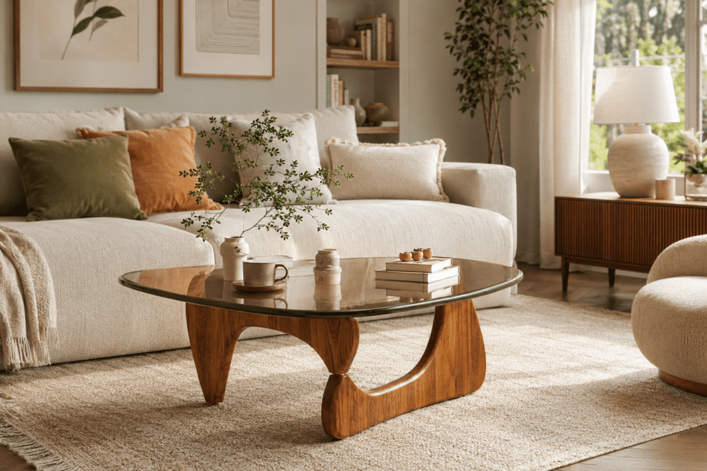 Marble coffee table with artistic wood base in a cozy luxury living room.