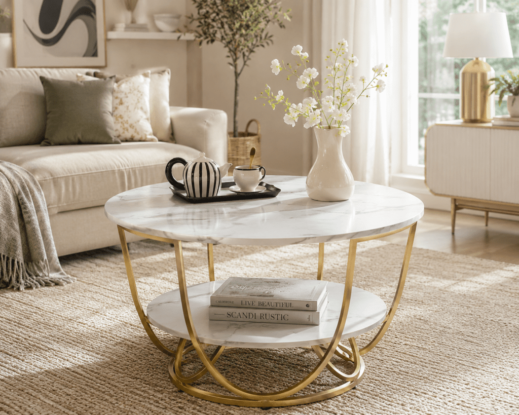 Round marble coffee table styled in a bright and inviting living room.