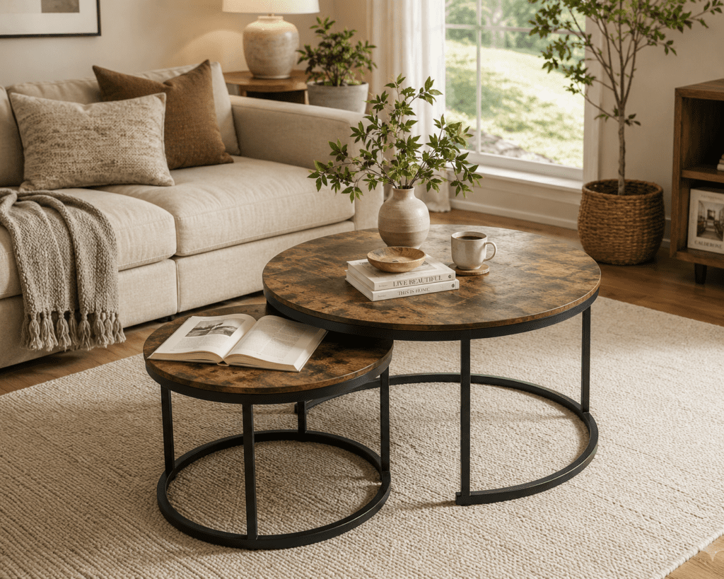 Nested marble coffee tables creating a warm and sophisticated living space.