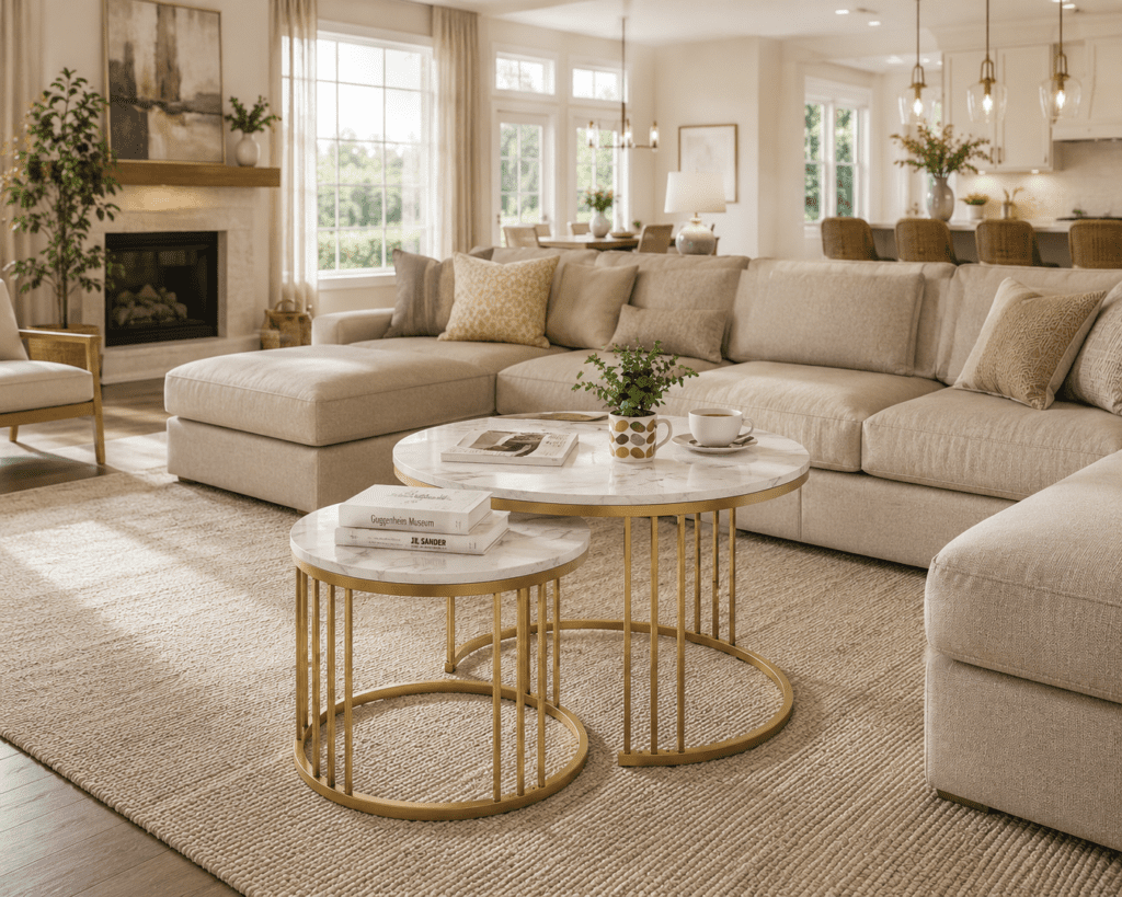 Marble coffee table with gold frame adding elegance to a modern living room.