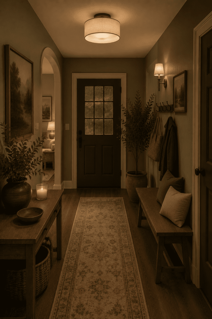 Dreamy moody sage green entryway decor with warm lighting, wooden bench, cozy rug, and soft organic home styling
