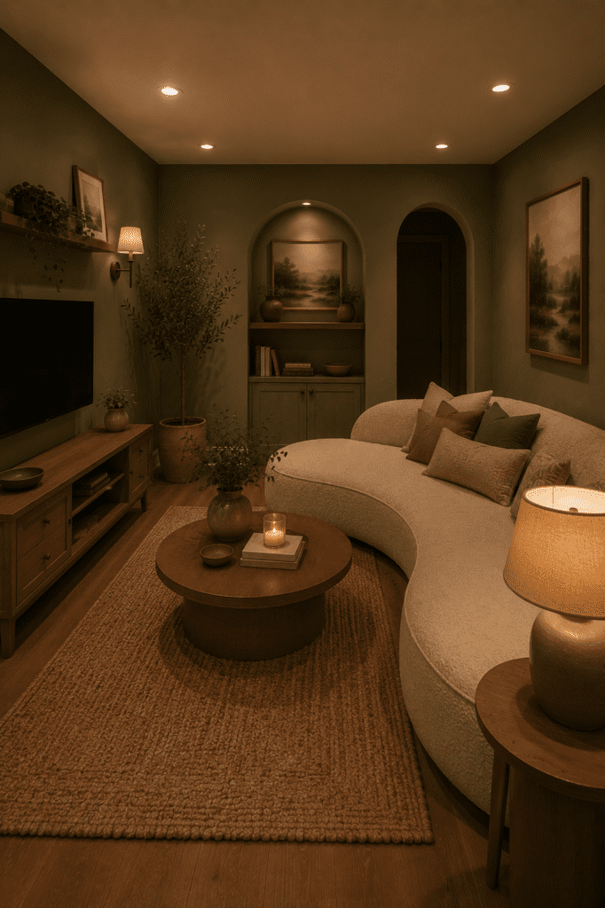 Cozy sage green living room with curved cream sofa, warm lamps, textured rug, and calming organic decor ideas.