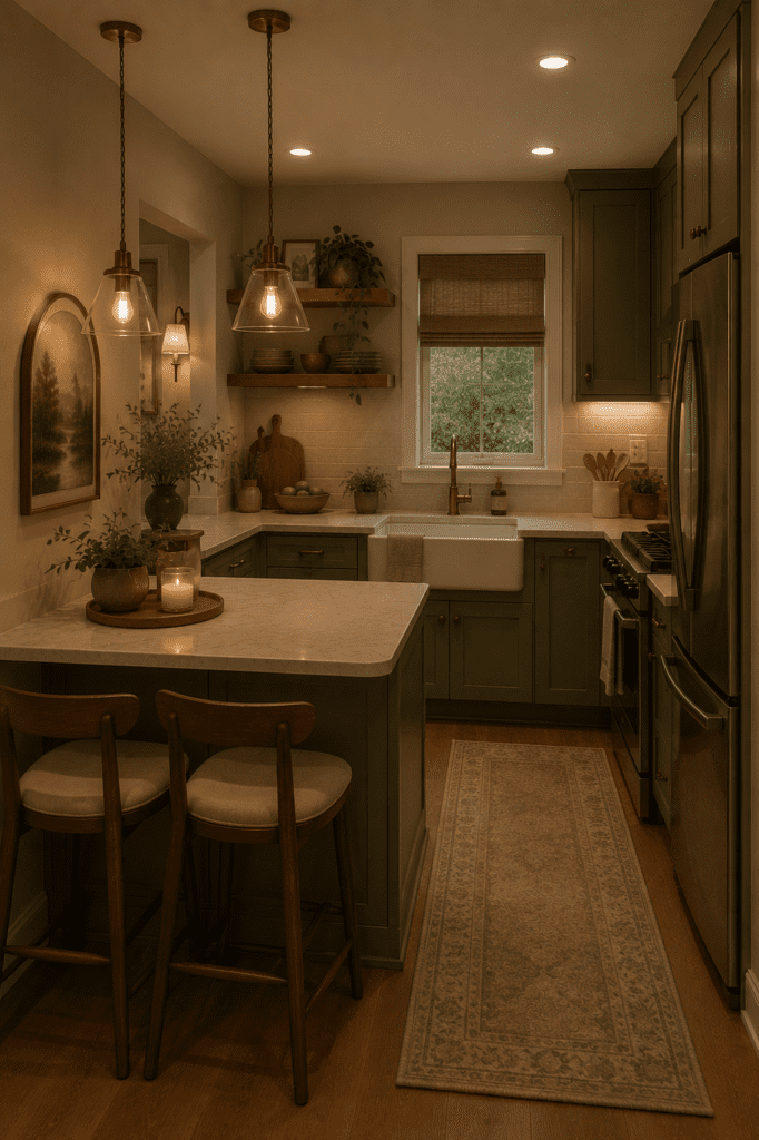 Elegant moody sage green kitchen featuring warm pendant lighting, wooden accents, marble island, and cozy home atmosphere.