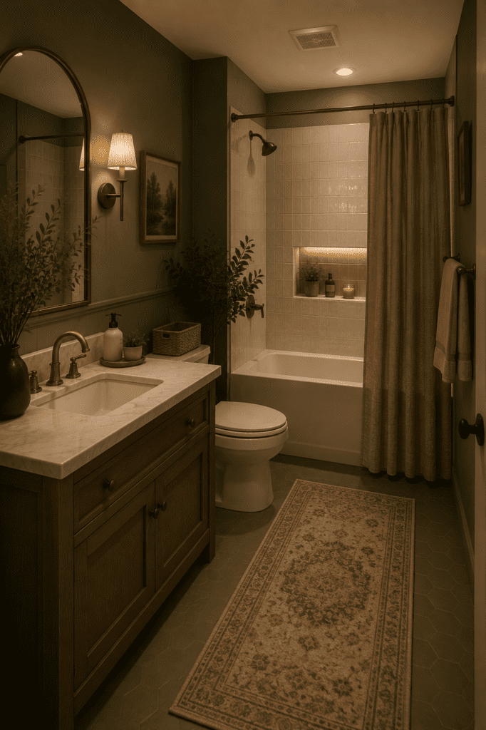 Moody sage green bathroom decor with wooden vanity, warm lighting, soft neutral curtains, and relaxing spa-inspired vibe.