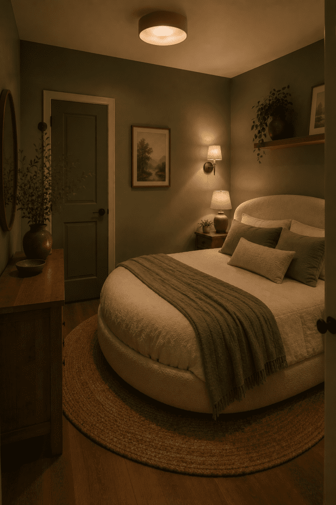 Cozy sage green bedroom with soft bedding, warm lighting, textured rug, and calming organic American home aesthetic.
