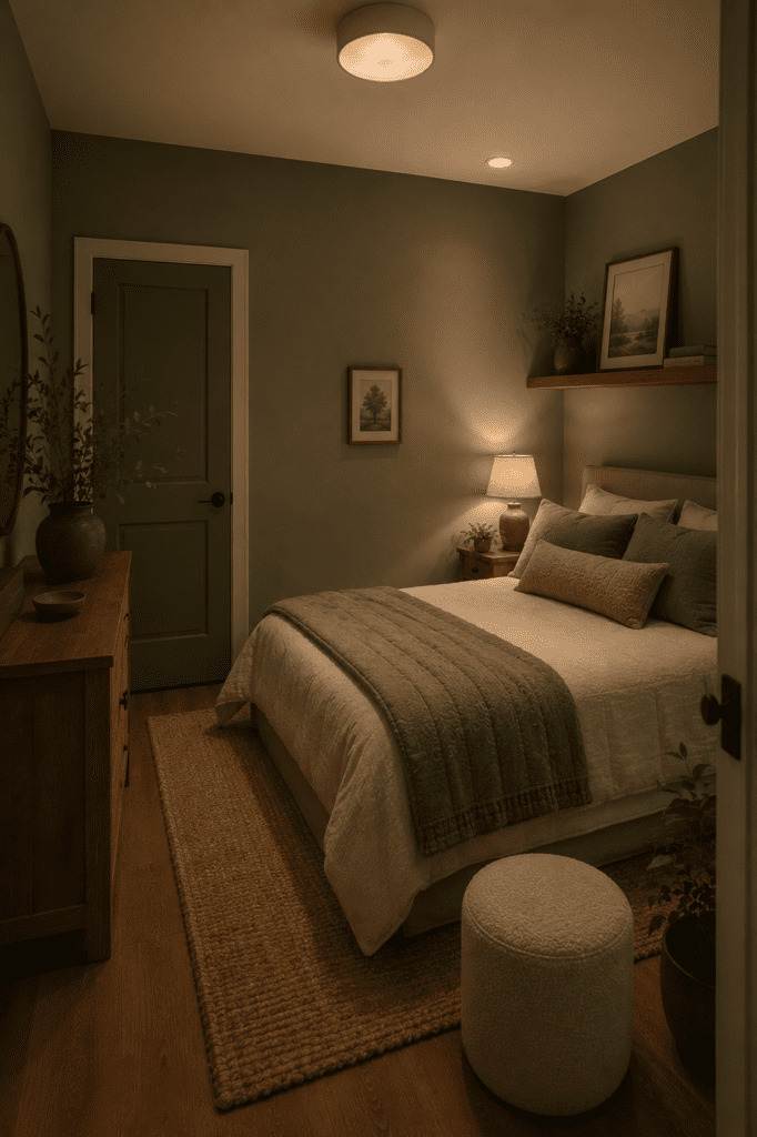 Moody sage green bedroom featuring layered bedding, soft warm lamps, organic textures, and peaceful cozy atmosphere.