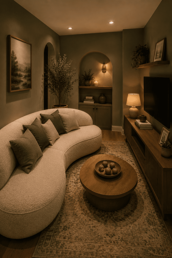 Cozy American-style living room with sage green walls, curved sofa, wooden decor, and warm relaxing evening lighting.