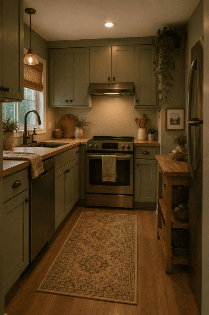 Small sage green kitchen with wooden countertops, cozy lighting, warm organic textures, and calm Pinterest-inspired styling.