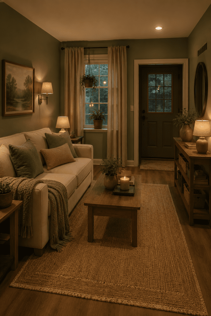 Warm cozy living room with sage green walls, soft sofa, textured rug, candle decor, and peaceful home atmosphere.