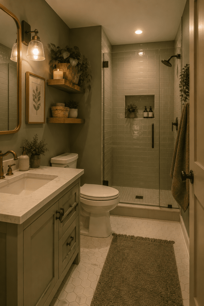 Modern sage green bathroom with glass shower, warm lighting, soft organic decor, and relaxing spa-like cozy feel.