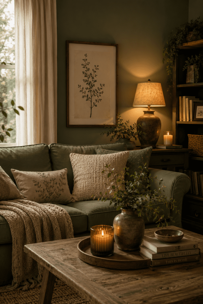 Cozy sage green living room with warm lighting, textured pillows, wooden coffee table, and soft neutral decor.