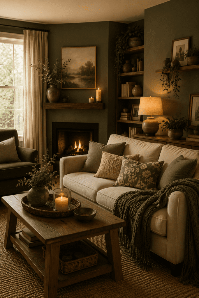 Moody sage green living room with fireplace, cozy blankets, candles, and warm earthy home decor styling.