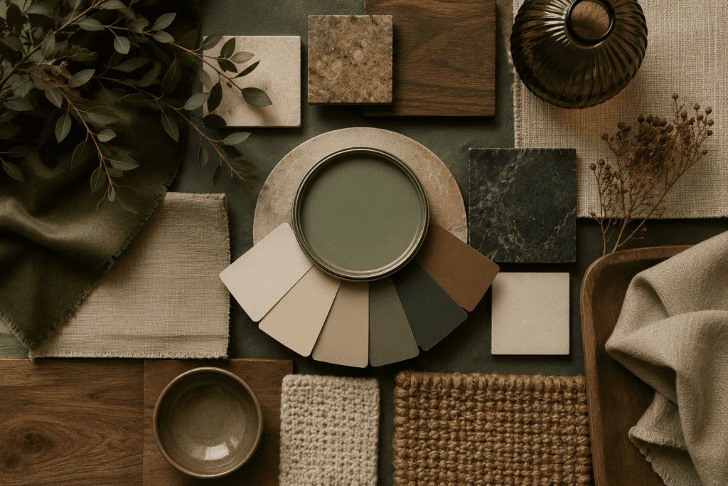 Moody sage green color palette with beige, cream, walnut wood, earthy textures, and cozy decor materials.