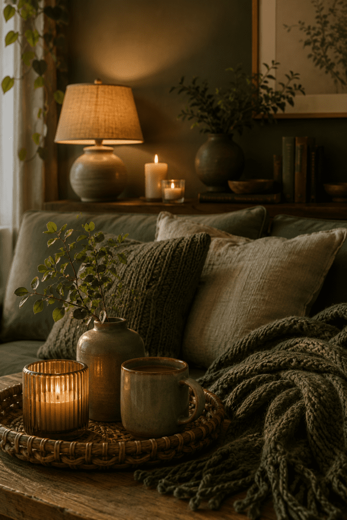 Close-up cozy home decor with candles, knitted blanket, ceramic mug, soft pillows, and warm lighting.
