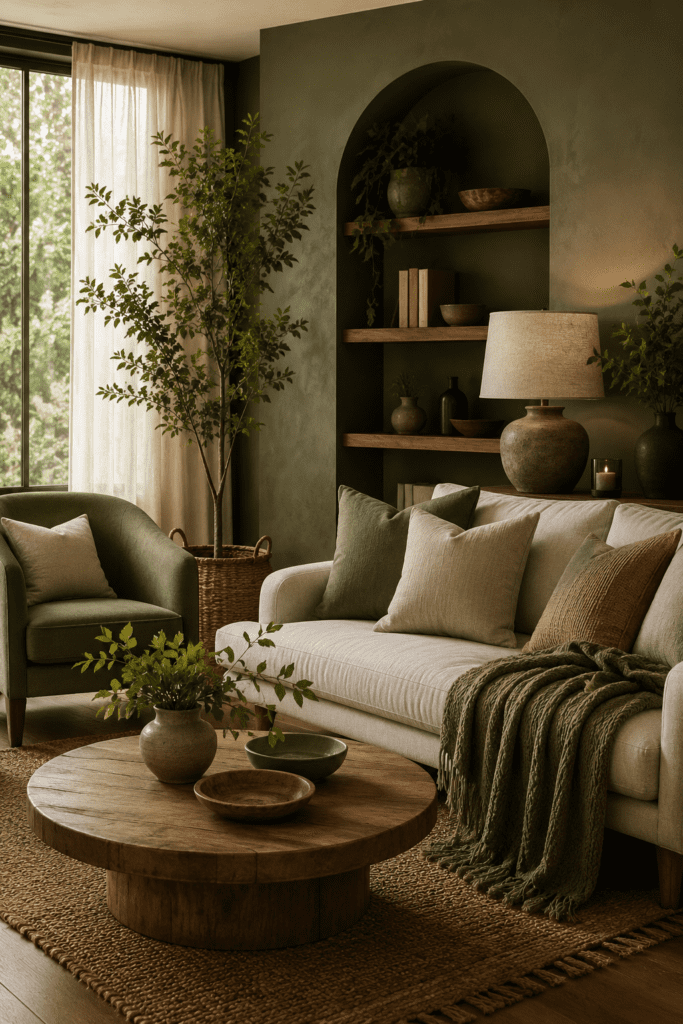 : Stylish sage green living room with neutral sofa, organic textures, wooden table, and soft natural lighting.