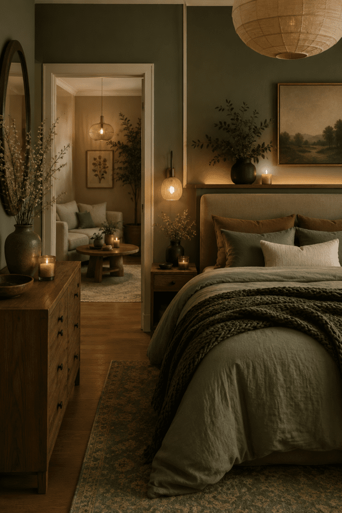 Warm cozy bedroom with moody sage green bedding, soft lighting, candles, and natural wood decor.