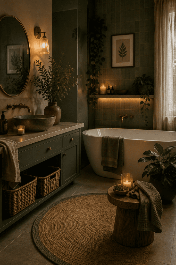 Elegant cozy bathroom with sage green vanity, warm lighting, woven textures, candles, and modern bathtub.