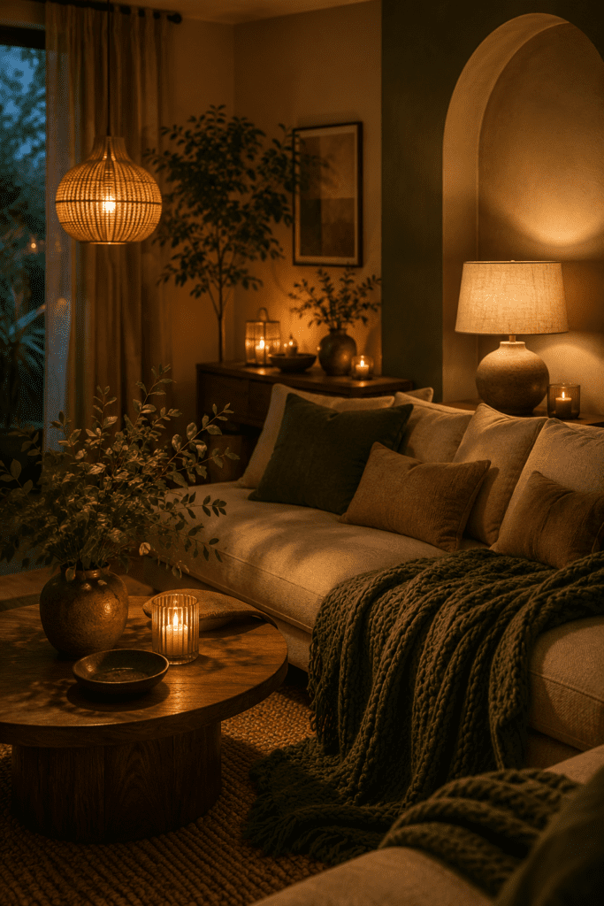 Cozy living room glowing with warm lamps, candles, soft blankets, and relaxing evening atmosphere.