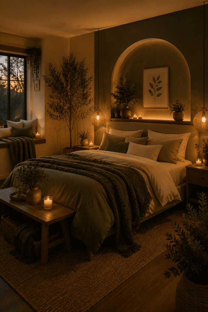 Dreamy cozy bedroom with warm golden lighting, layered bedding, earthy decor, and calming sage green tones.