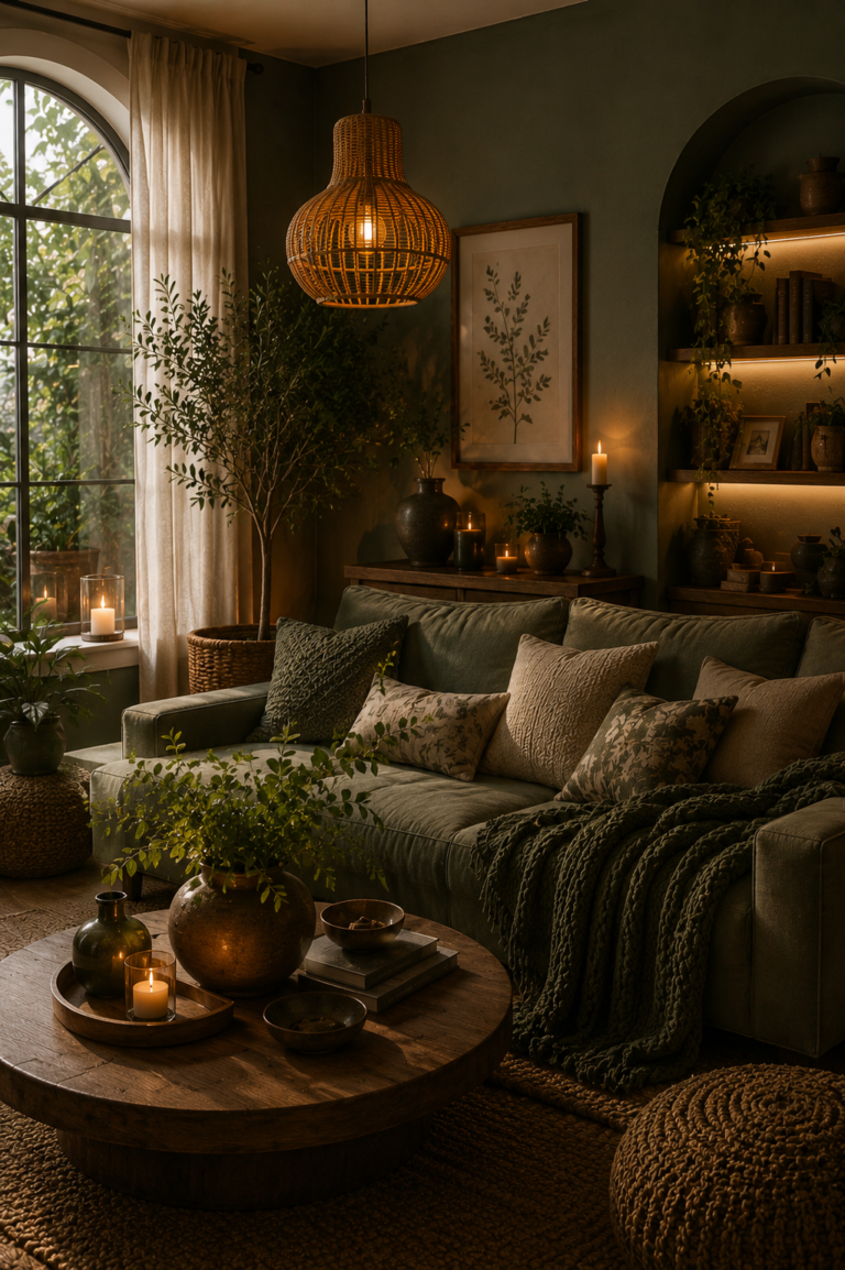Cozy moody sage green living room with warm lighting, textured blankets, wooden coffee table, candles, and earthy organic home decor.