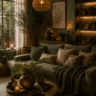 Cozy moody sage green living room with warm lighting, textured blankets, wooden coffee table, candles, and earthy organic home decor.