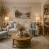 Cozy blue and beige living room with warm lighting, natural textures, wooden furniture, and soft organic American home decor inspiration